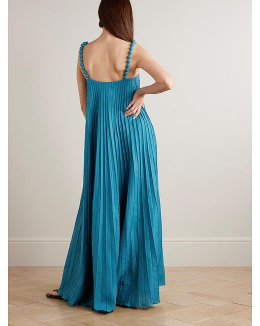 ANDRES OTALORA Blue Un Ritmo Bead-Embellished Plissé-Linen Maxi Dress