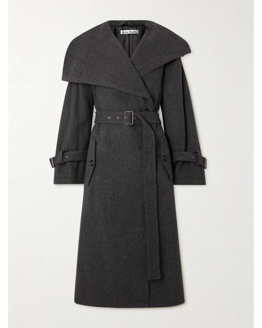 Acne Black Oversized Belted Herringbone Wool-Blend Coat