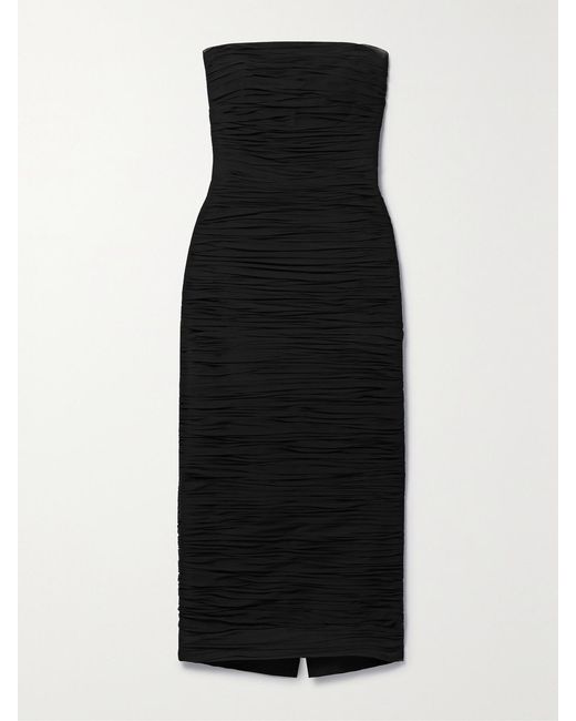 Carolina Herrera Black Strapless Ruched Silk-Crepe Midi Dress