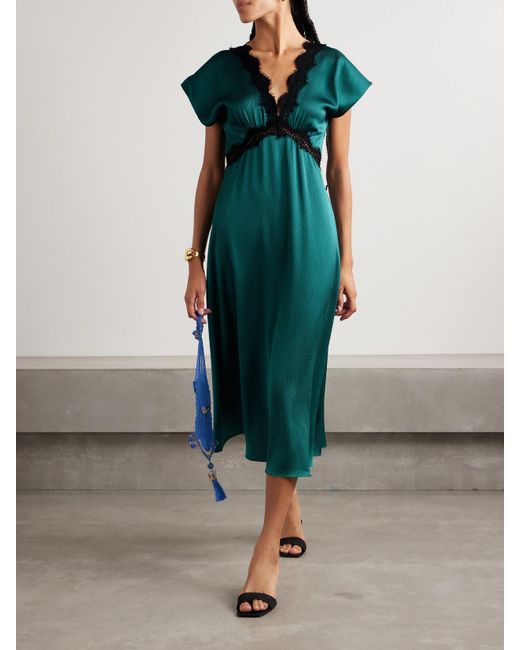 Sea Green Noa Lace-Trimmed Hammered-Satin Midi Dress