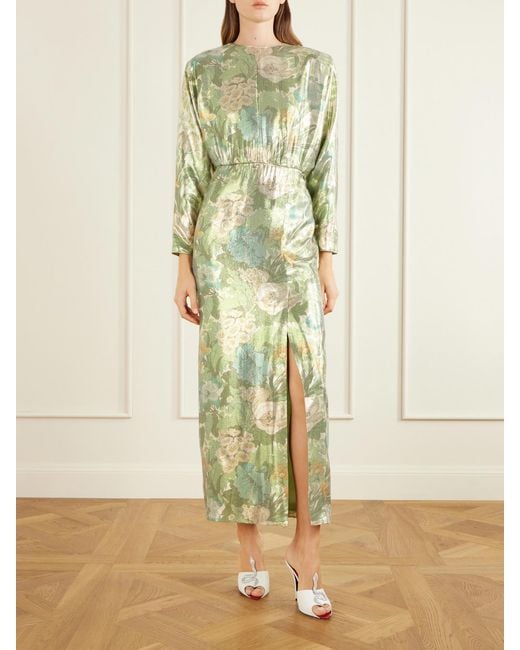 Valentino Garavani Green Cut-Out Floral-Print Silk-Blend Lamé Midi Dress