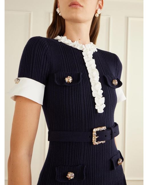 Self-Portrait Blue Belted Floral-Appliquéd Ribbed Midi Dress
