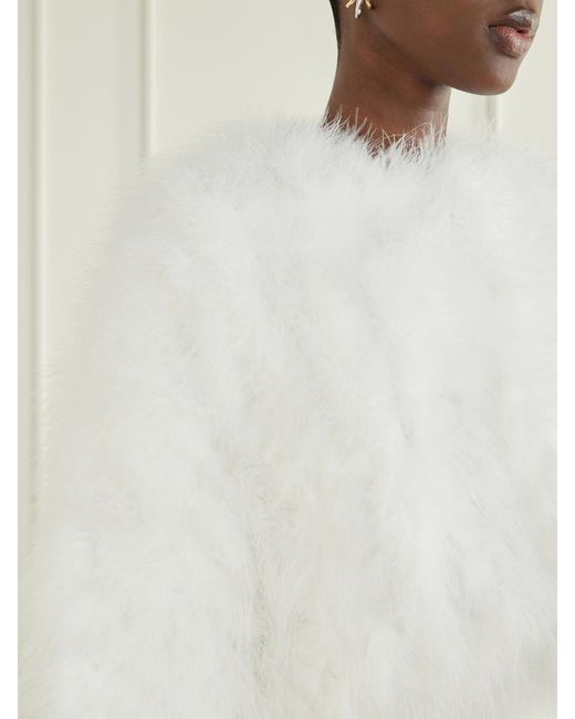 Yves Salomon White Cropped Feather-Trimmed Satin Cape