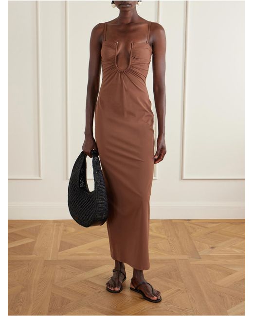 Christopher Esber Brown Arced Ruched Satin Maxi Dress