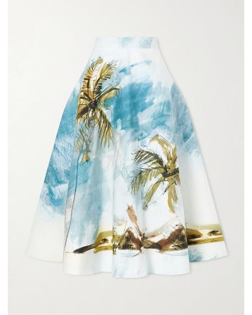 Oscar de la Renta Blue All Over Beach Printed Cotton-Blend Poplin Midi Skirt