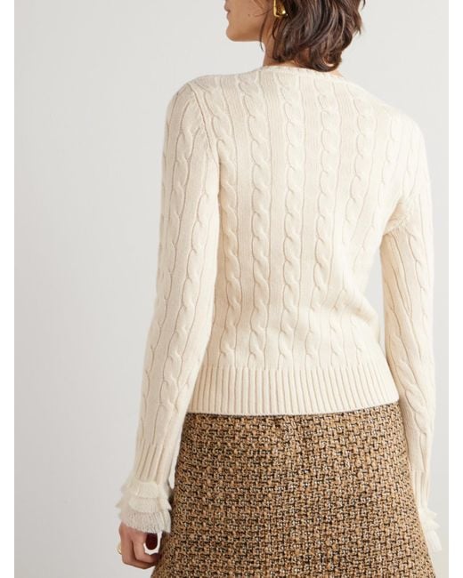 Valentino Garavani Natural Ruffle-Trimmed Embellished Cable-Knit Cashmere Sweater