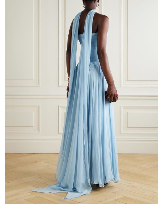 Marmar Halim Blue Strapless Scarf-Detailed Plissé Silk-Georgette Gown