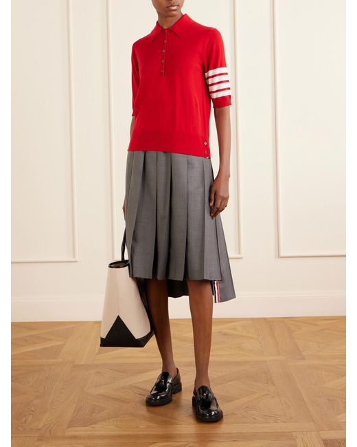 Thom Browne Red Grosgrain-Trimmed Striped Wool Polo Shirt