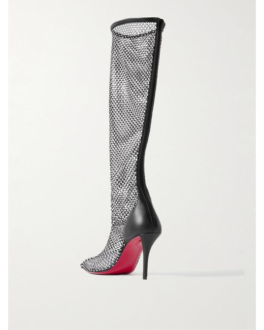 Christian Louboutin Black Apostropha 85 Crystal-Embellished Leather-Trimmed Mesh Knee Boots