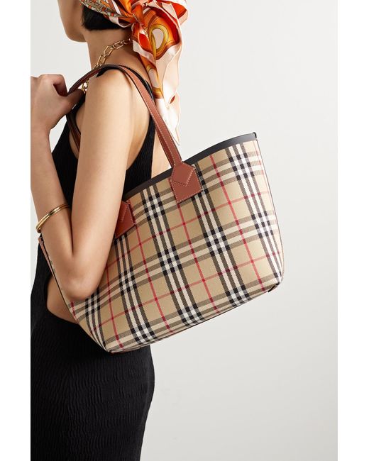 Burberry Leather-trimmed Checked Canvas Tote in Natural | Lyst UK