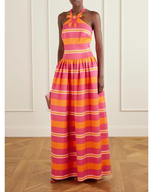 Emilia Wickstead Red Striped Bow-Detailed Striped Taffeta Halterneck Gown