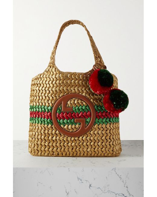 Gucci Embellished Leather-trimmed Metallic Crocheted Raffia Tote in ...