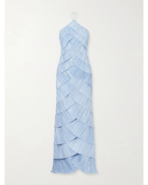 Cult Gaia Blue Marsla Plissé-Satin Halterneck Maxi Dress