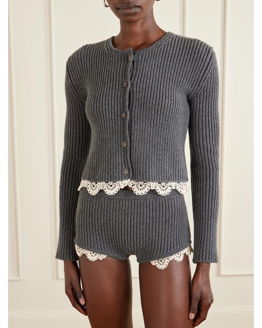 Magda Butrym Blue Cropped Lace-Trimmed Ribbed Wool Cardigan