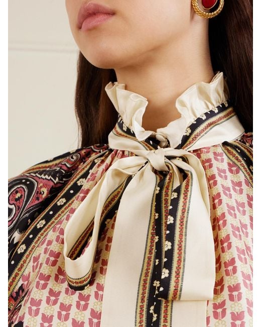 Etro Pink Pussy-Bow Ruffled Printed Silk-Twill Blouse
