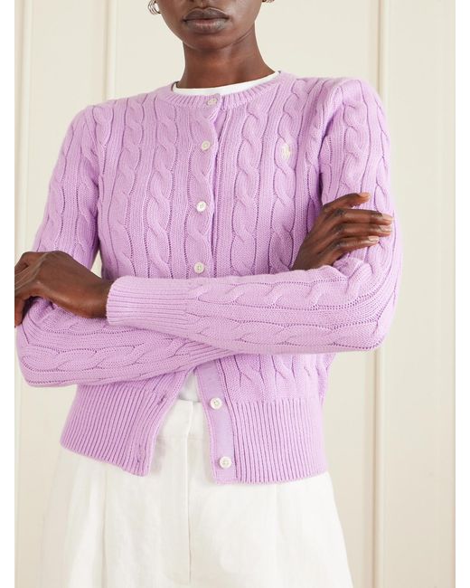 Polo Ralph Lauren Pink Embroidered Cable-Knit Cotton Cardigan