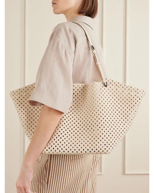 Brunello Cucinelli Natural Crochet Leather-Trimmed Cotton Shoulder Bag