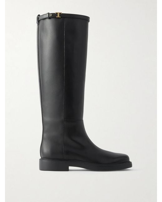 Tod's Black Gomma Kniehohe Stiefel Aus Leder Mit Zierperlen