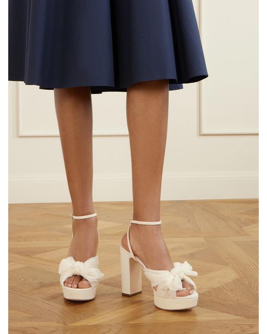 Loeffler Randall Natural Natalia Bow-Embellished Plissé-Organza Platform Sandals