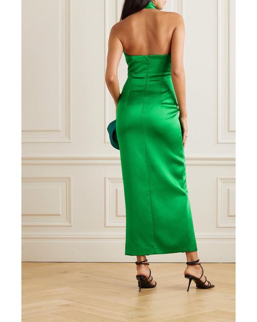 Rasario Green Satin Halterneck Midi Dress