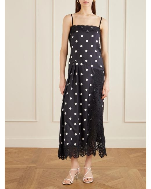 Sportmax Blue Polka-Dot Pleated Lace-Trimmed Silk Maxi Dress