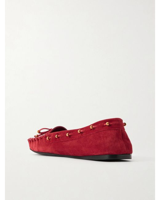Khaite Red Milly Embellished Whipstitched Suede Loafers