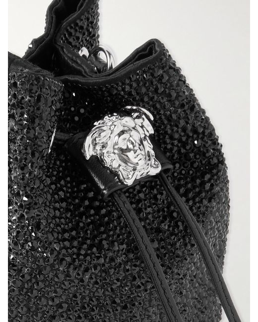 Versace Black Beuteltasche Aus Satin Mit Kristallen Und Faux Fur