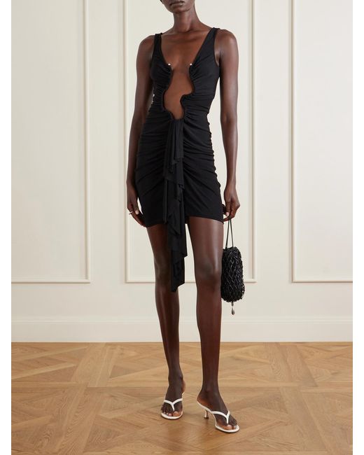 Christopher Esber Black Salacia Embellished Draped Jersey Mini Dress