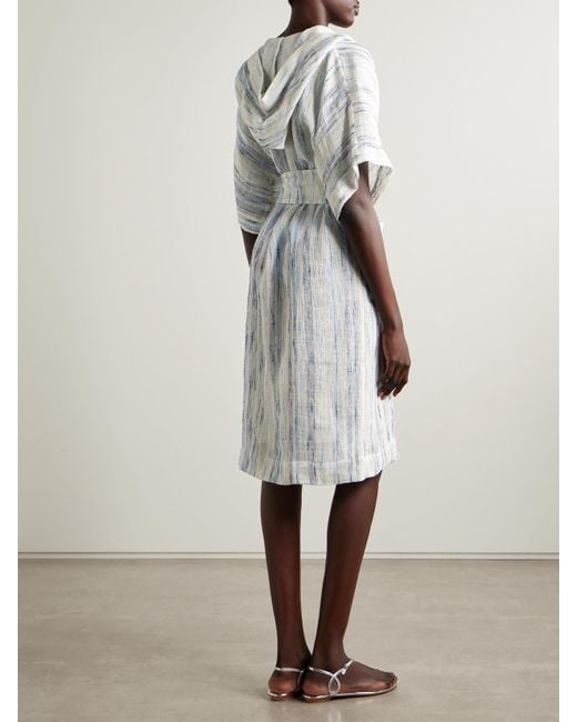 Lisa Marie Fernandez White Embellished Belted Striped Linen-Blend Gauze Hooded Coverup