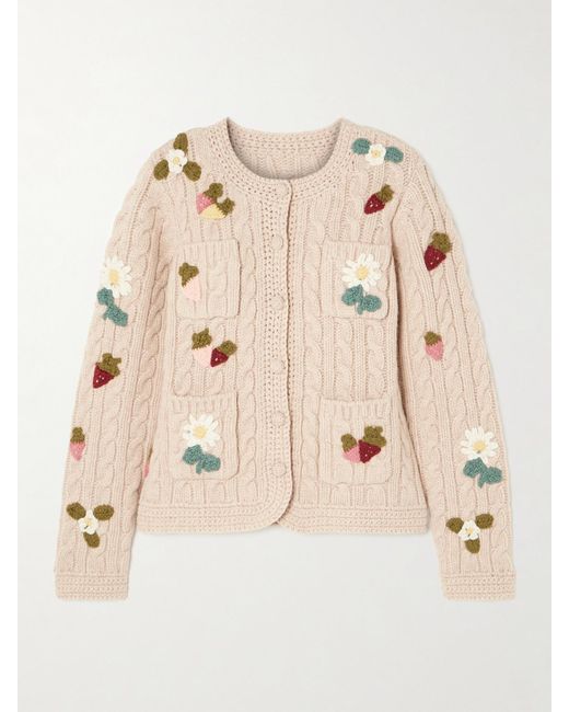 Sea Natural Callie Appliquéd Cable-Knit Wool Cardigan