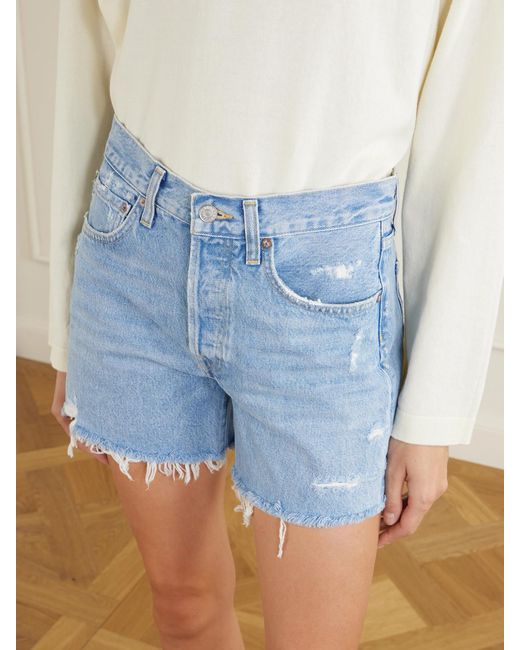 Agolde Blue Parker Long Distressed Organic Denim Shorts