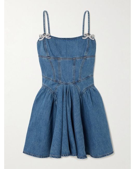 Self-Portrait Blue Embellished Paneled Denim Mini Dress