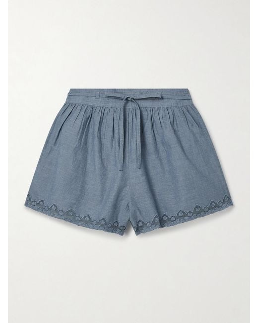 Ulla Johnson Blue Elowen Belted Tulle-Trimmed Embroidered Cotton-Chambray Shorts