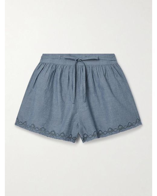 Ulla Johnson Blue Elowen Belted Tulle-Trimmed Embroidered Cotton-Chambray Shorts