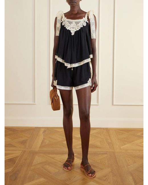 Zimmermann Black Roselight Lace-Trimmed Cotton And Silk-Blend Shorts