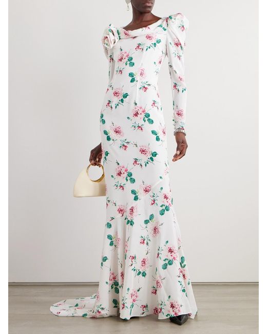 Alessandra Rich White Ruffled Floral-print Silk-crepe De Chine Gown