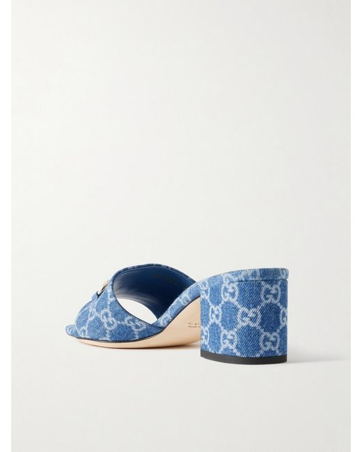 Gucci Blue Horsebit-Embellished Logo-Print Denim Mules
