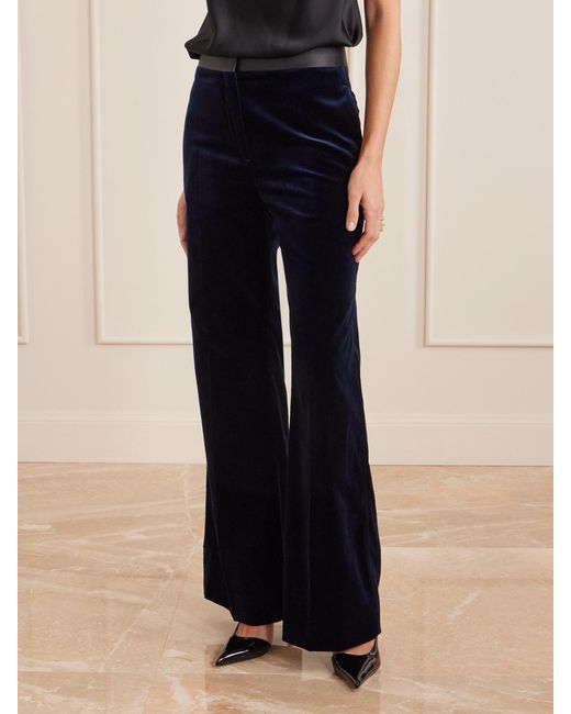 Victoria Beckham Blue Alina Satin-Trimmed Cotton-Blend Velvet Wide-Leg Pants