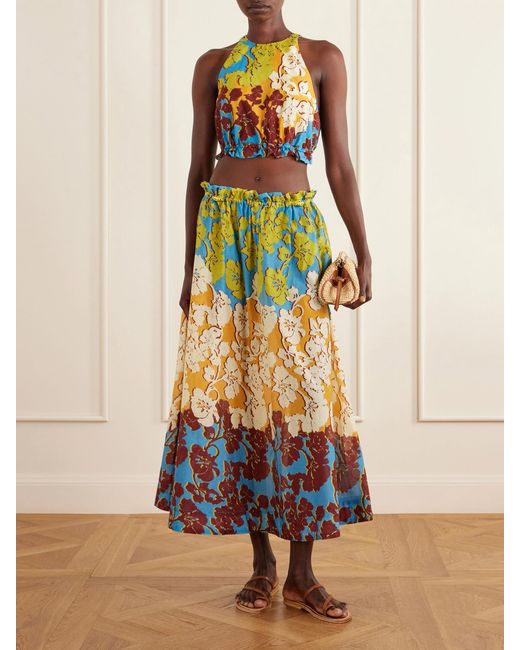 ALÉMAIS White Splice Floral-Print Cotton And Silk-Blend Midi Skirt