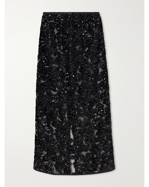 CECILIE BAHNSEN Black Bria Sequined-Embellished Mesh Midi Skirt