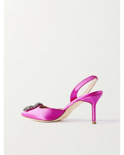 Manolo Blahnik Pink Hangisli 70 Embellished Satin Slingback Pumps