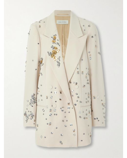 Dries Van Noten Natural Double-Breasted Embellished Wool-Twill Blazer