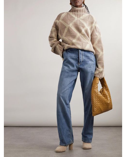 Bottega Veneta Natural Argyle Intarsia-Knit Wool Turtleneck Sweater