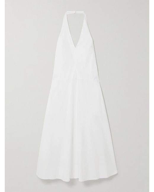 St. Agni White Crinkled Cotton-Blend Poplin Halterneck Maxi Dress