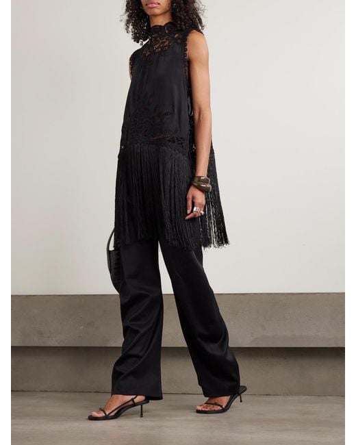 Sea Black Adelina Tie-Side Fringed Lace-Paneled Woven Top