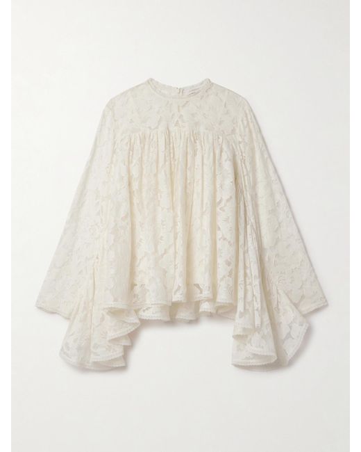 Zimmermann White Illuminate Gathered Cotton-Blend Lace Blouse