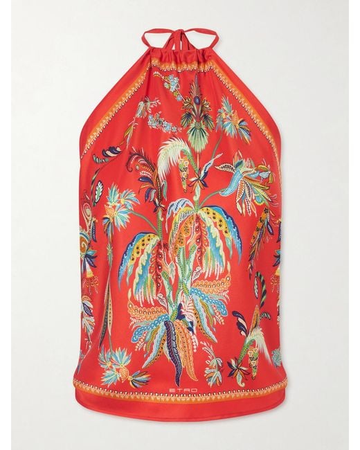 Etro Red Printed Silk-Satin Halterneck Top