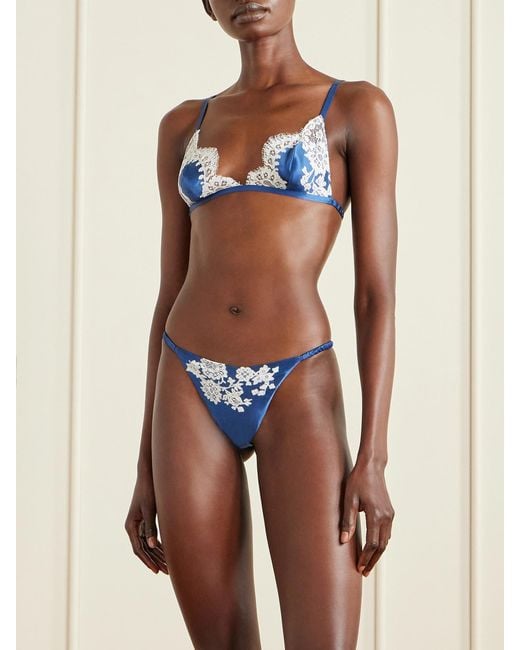 Carine Gilson Blue Lace-Trimmed Silk-Satin Thong