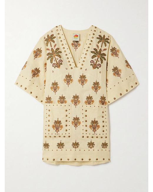 Farm Rio Natural Studded Embroidered Linen Mini Dress