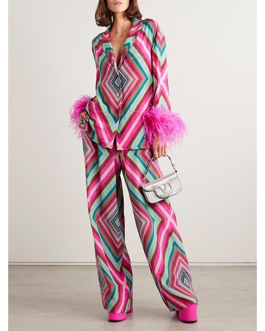 Valentino Garavani Pink Feather-Trimmed Printed Silk Crepe De Chine Shirt